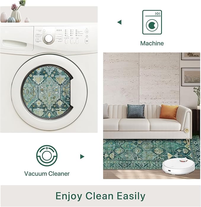 Bavni Washable Rug 9x12 Area Rug for Living Room Bedroom Dining, Washable Vintage Print Carpet, Ultra-Thin Chenille Low Pile Lightweight Rug with Non Slip Backing, Dark Green