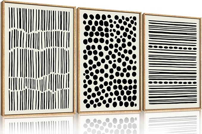KAIRNE Abstract Black and White Framed Canvas Wall Art Set, Modern Geometric Wall Decor, Minimalist Line Art Prints, Neutral Boho Dots Artwork for Living Room, Bedroom, Farmhouse, Office -24"x36"x3