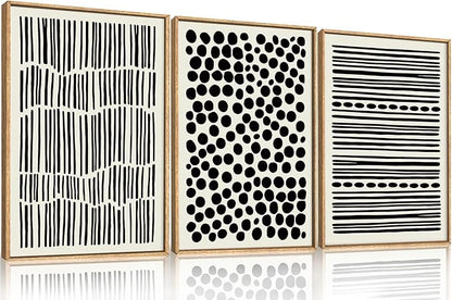 KAIRNE Abstract Black and White Framed Canvas Wall Art Set, Modern Geometric Wall Decor, Minimalist Line Art Prints, Neutral Boho Dots Artwork for Living Room, Bedroom, Farmhouse, Office -16"x24"x3