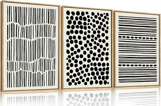 KAIRNE Abstract Black and White Framed Canvas Wall Art Set, Modern Geometric Wall Decor, Minimalist Line Art Prints, Neutral Boho Dots Artwork for Living Room, Bedroom, Farmhouse, Office -16"x24"x3
