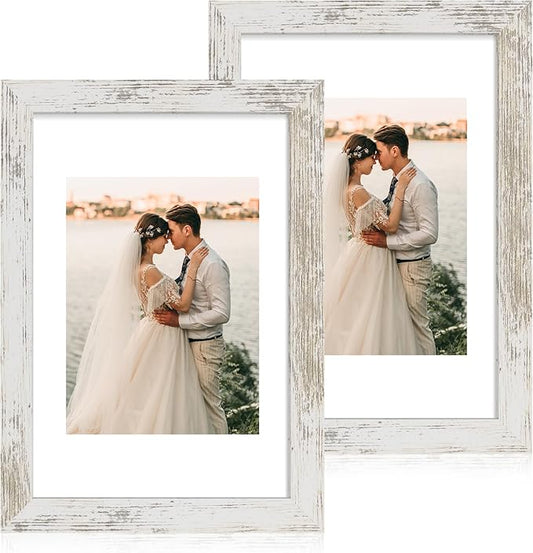 iRahmen 8x12 Picture Frame with Mat 6x8 - High Definition Real Glass Wooden Photo Frames for Tabletop Display and Wall Mounting (Distressed-White, Set of 2)