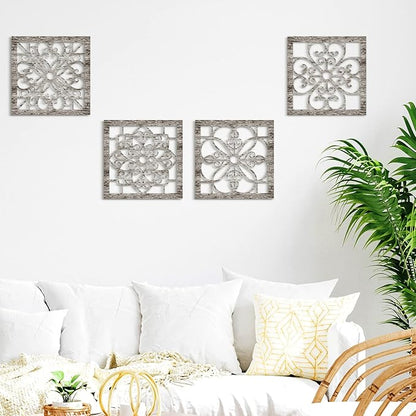 Yulejo 4 Pieces Thicken Rustic Wall Decor Farmhouse Wall Art Decor Wooden Hollow Carved Design Rustic Hanging Decoration for Living Room Bedroom Hallway Office Kitchen Decoration