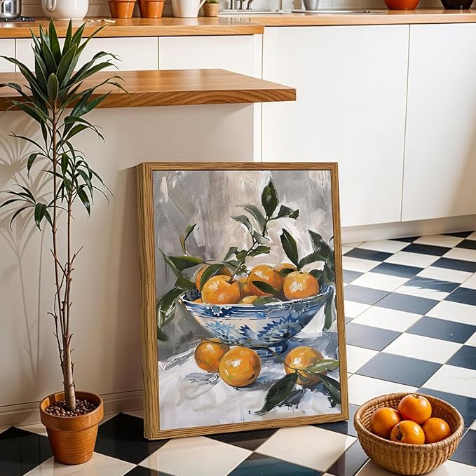 Framed Vintage Oranges Canvas Wall Art, Kitchen Pictures Wall Decor, Rustic Farmhouse Fruit Still Life Paintings Prints Cottagecore Home Decor for Living Room Dining Room 12x16 inch