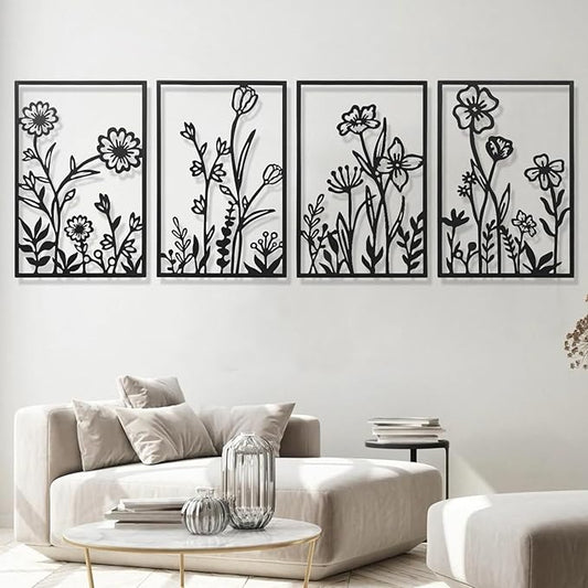 AMAATE Botanical Line Art Metal Wall Decor Set of 4, Black Iron Floral Wall Sculptures Featuring Daisy, Tulip and Wildflower Designs, Minimalist Garden Themed Art for Living Room, Bedroom, Farmhouse Decor,17.7" X 26.4"