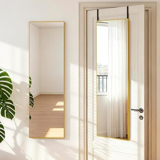 NARCISSUS 47x14 Mirror Door Hanging Full Length,Over Door or Wall Mounted Aluminum Alloy Frame Tempered Glass Rectangle Full Body Mirrors for Bedroom Dressing Living Room Bathroom 47 inch Gold