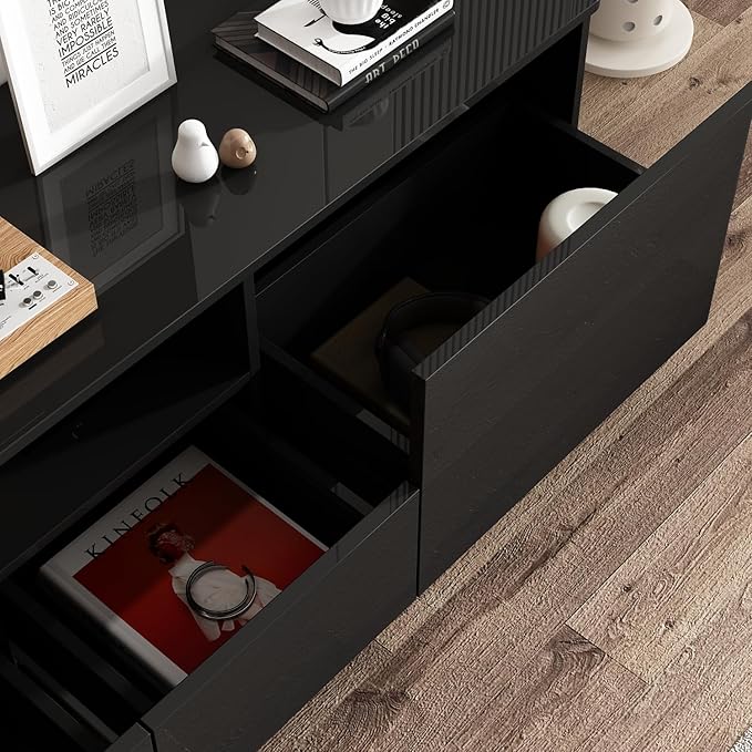 70” LED TV Stand, High Gloss TV Stand with Lights, Modern Glossy Media Console with 4 Drawers & Shelf, Entertainment Center for Living Room Black, 14.5”D x 70.8”W x 17.3”H