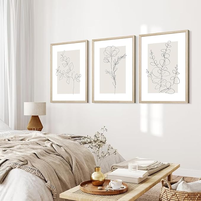 Neutral Botanical Prints Wall Art Flower Minimalist Canvas Wall Decor Vintage Line Wall Art Floral Plant Painting Pictures Beige Boho Artwork Farmhouse Poster for Bedroom 12x16x3 Inch Wood Framed