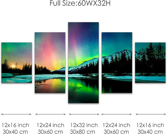 SKASNFAI Northern Lights Wall Art Alaska Posters Canvas Landscape Artworks for Living Room Mountains Picture Office Wall Decor for Bedroom (60Wx32H)