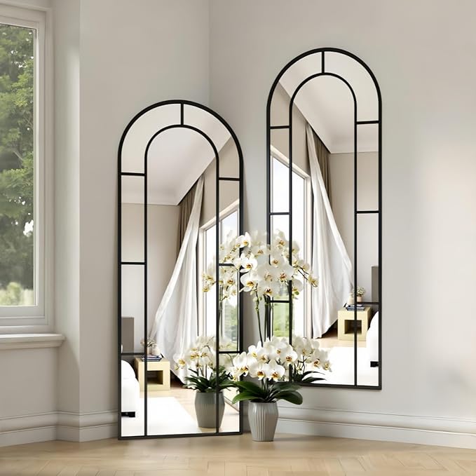 Prywot Full Length Mirror, 56"x22" Arched Window Pane Mirrors for Wall Decor, Black Full Body or Wall Mounted Mirrors, Farmhouse Standing Mirror Hanging or Leaning for Living Room, Entryway, No Stand