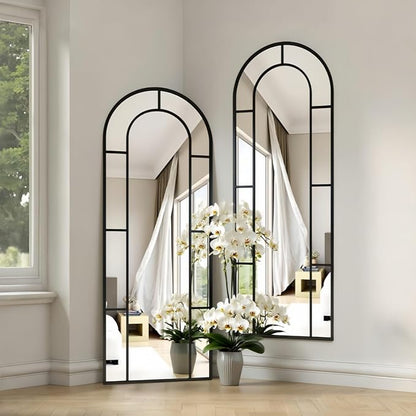 Prywot Full Length Mirror, 56"x22" Arched Window Pane Mirrors for Wall Decor, Black Full Body or Wall Mounted Mirrors, Farmhouse Standing Mirror Hanging or Leaning for Living Room, Entryway, No Stand