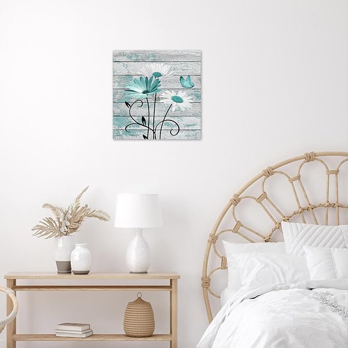 HVEST Farmhouse Teal Floral Wall Art for Living Room, Daisy and Butterfly on Rustic Wood Canvas Wall Art Country Nature Plant Flower Pictures for Bathroom Bedroom Home Wall Decor,12L X 12W inches