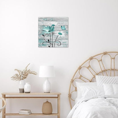 HVEST Farmhouse Teal Floral Wall Art for Living Room, Daisy and Butterfly on Rustic Wood Canvas Wall Art Country Nature Plant Flower Pictures for Bathroom Bedroom Home Wall Decor,12L X 12W inches