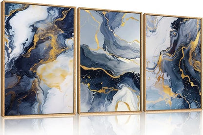 Navy Blue and Gold Framed Canvas Wall Art Set,Mid-Century Modern Abstract Wall Decor,Navy Blue Ink Wash Painting,Neutral Art Print for Living Room,Bedroom,Dining Room,Office - 24"x36"x3