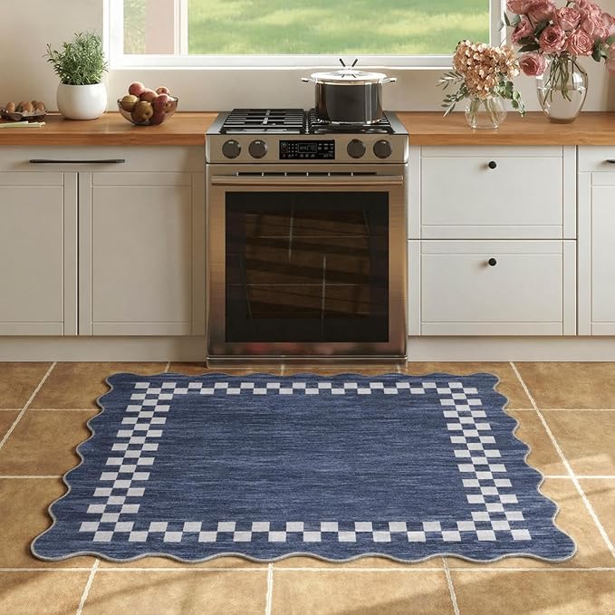 Small Area Rug 2x3 Modern Checkered Entry Rug Solid Color Scalloped Kitchen Rugs Washable Bedroom Doormat Non Slip Stain Resistant Bordered Throw Carpet for Living Room Nursery Laundry, Blue