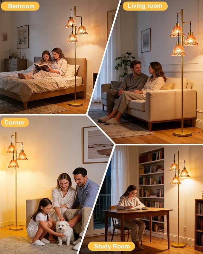 3-Light Modern Glass Floor Lamp, Gold Standing Tall Lamp with Deep Red Lily Glass Shade for Reading, Dimmable LED Floor Lamp with 5Lbs Heavy Base for Living Room Bedroom Home Decor, Bulb Included