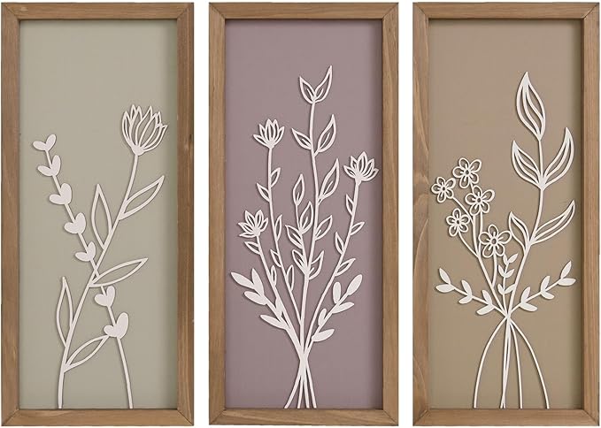 pechpell Set of 3 Wooden 3D Flower Wall Art Wood Framed, 15.7×7.1 Inch Floral Boho Wall Decor, Rustic Farmhouse Home Artwork for Bedroom Bathroom Living Room Kitchen Decorations