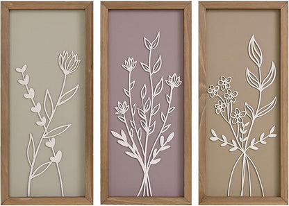 pechpell Set of 3 Wooden 3D Flower Wall Art Wood Framed, 15.7×7.1 Inch Floral Boho Wall Decor, Rustic Farmhouse Home Artwork for Bedroom Bathroom Living Room Kitchen Decorations