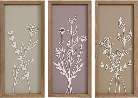 pechpell Set of 3 Wooden 3D Flower Wall Art Wood Framed, 15.7×7.1 Inch Floral Boho Wall Decor, Rustic Farmhouse Home Artwork for Bedroom Bathroom Living Room Kitchen Decorations