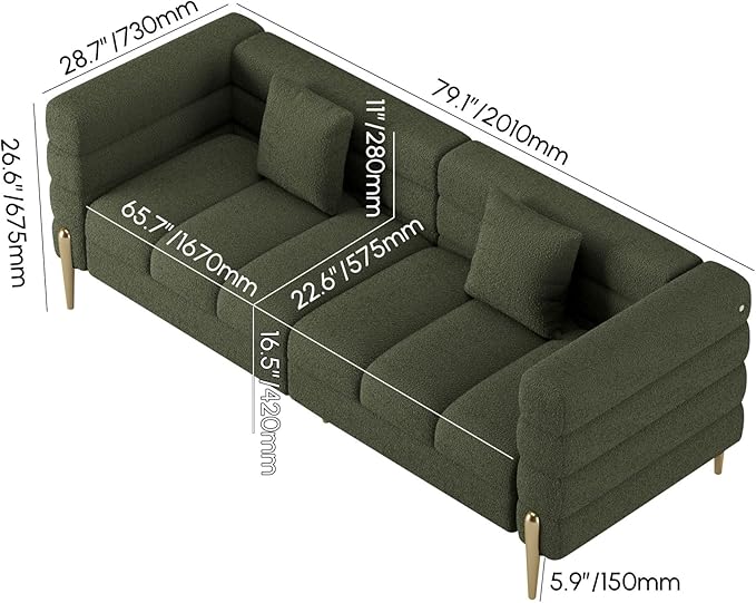 homary Boucle Sofa 79”, Modern 3 Seater Couch with Pillows, Deep Seat Upholstered Sofa for Living Room, Soft Channel-Tufted Design, Solid Wood Frame & Metal Legs(Boucle, Evergreen)