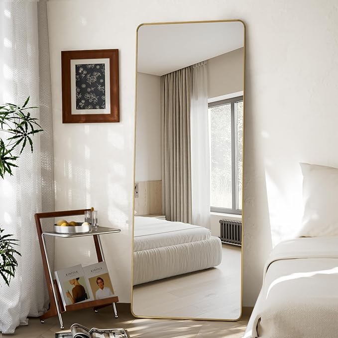 VooBang Round Corner Mirror Full Length, 66" x 23" Floor Mirror with Stand, Matte Aluminum Alloy Frame Full Body Mirror, Standing Hanging or Leaning for Bedroom and Living Room, Gold