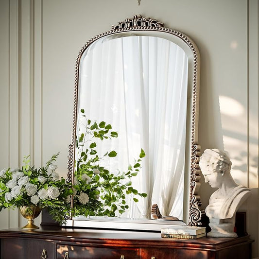 24"×32" Silver Wide Arched Wall Mirror, Vintage Carving Bathroom Vanity Makeup Mirror, as Wall Decor Hanging Leaning for Fireplace Mantle, Living Room, Bedroom, Vanity Area