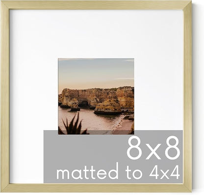 HAUS AND HUES 8x8 Gold Metal Picture Frame Matted to 4x4 - Features Premium Aluminum & Hanging Hardware, Shatterproof Plexiglass - Ideal for Home, Office (8x8 in, Gold, Set of 1)