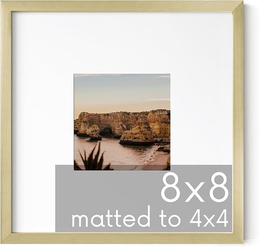 HAUS AND HUES 8x8 Gold Metal Picture Frame Matted to 4x4 - Features Premium Aluminum & Hanging Hardware, Shatterproof Plexiglass - Ideal for Home, Office (8x8 in, Gold, Set of 1)
