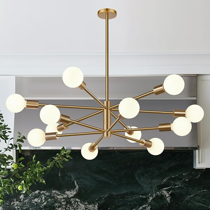10.9"-52.3" Height Adjustable Sputnik Chandeliers Dining Room Light Fixture (12-Light, 33-Inch), Modern Brushed Brass Chandelier, Mid Century Modern Chandeliers for Dining Room (Bulbs not Included)
