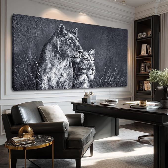 ZENPEE 29"x58" Lion Wall Art - Black & White Spray Print Canvas, Oversized Animal Decor for Bedroom, Living Room, Office - Ready to Hang