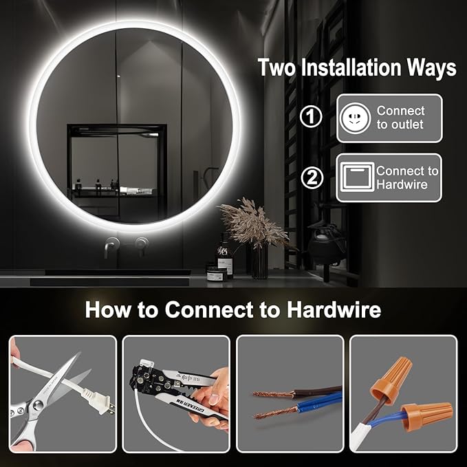 S·BAGNO 28’’ Round Led Bathroom Mirror with Lights, Backlit and Front Lighted, Anti-Fog Wall-Mounted Vanity Mirror 3000K/4000K/6500K, Dimmable Inside Bluetooth Speaker Smart Mirror