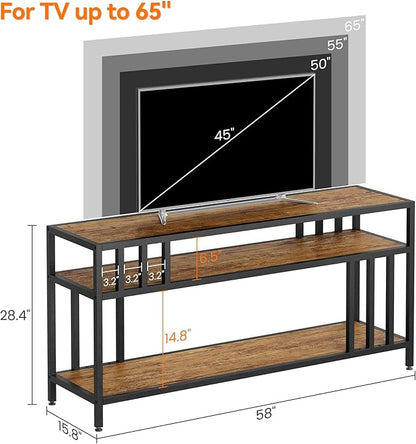 58'' TV Stand for Television up to 65 Inches, Entertainment Center with 3-Tier Open Storage Shelves, TV Media Console Table with Quadruple-Tube Support for Living Room, Rustic Brown