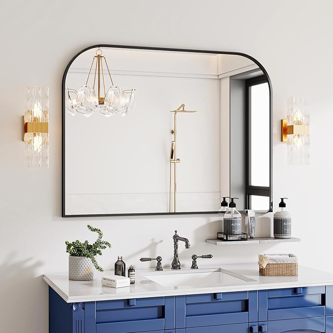 Black Arched Top Wall Mounted Mirror - 48 x 30 Inch Round Cruved Top Bathroom Vanity Mirror, Aluminum Metal Framed, Home Decor for Living Room, Bedroom, Fireplace, Mantle, Entryway