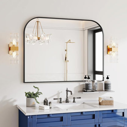 Black Arched Top Wall Mounted Mirror - 48 x 30 Inch Round Cruved Top Bathroom Vanity Mirror, Aluminum Metal Framed, Home Decor for Living Room, Bedroom, Fireplace, Mantle, Entryway
