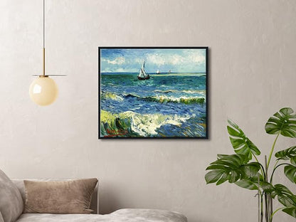 Wieco Art Black Framed Art Seascape at Saintes Maries by Vincent Van Gogh Oil Paintings Reproduction Modern Canvas Prints Sea Pictures on Canvas Wall Art for Living Room Home Deco