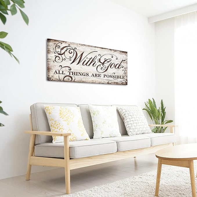KREATIVE ARTS With God All Things Are Possible Canvas Wall Art - Vintage Brown Wood Grain Pattern with Flower Design, Bible Verse Print, Rustic Home Office Decor, Christian Gifts, 20x48''