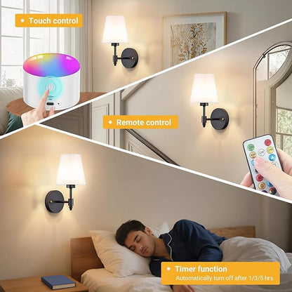 YHCDLAMP Battery Operated Wall Sconces Set of Two, Rechargeable Wireless Wall Lights with 10000mAh RGB Dimmable Detachable Bulb, Battery Sconces Wall Decor with Remote for Bedroom Living Room Hallway