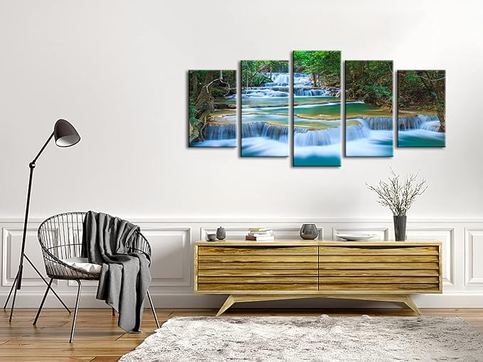 Wieco Art Peaceful Waterfall Canvas Prints Wall Art Green Trees Pictures Paintings for Living Room Bedroom Home Decorations Modern 5 Piece Stretched and Framed Forest Landscape Giclee Artwork