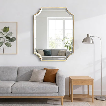 POZINO Rectangle Beveled Mirror, 24"x36" Brushed Gold Bathroom Vanity Mirror with Stainless Steel Frame, Aesthetic Wall Mirrors for Living Room Bedroom Hallway Entryway, Horizontal or Vertical Hanging
