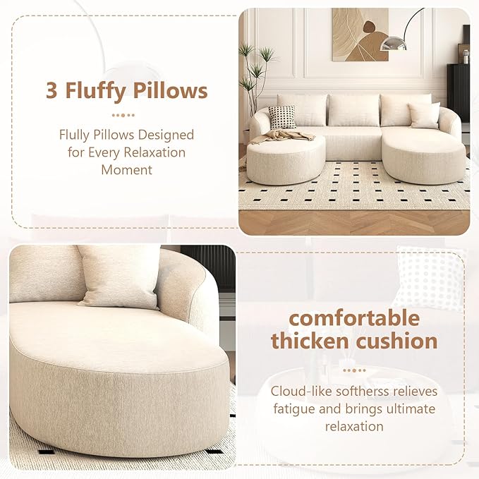 Settab 111" Modular Sectional Couches Luxury Modern Curved Back U-Shape Sofa Set with Ottoman,Minimalist Comfy Boneless Cloud Couch for Living Room Apartment,(Right Facing Chaise,White)