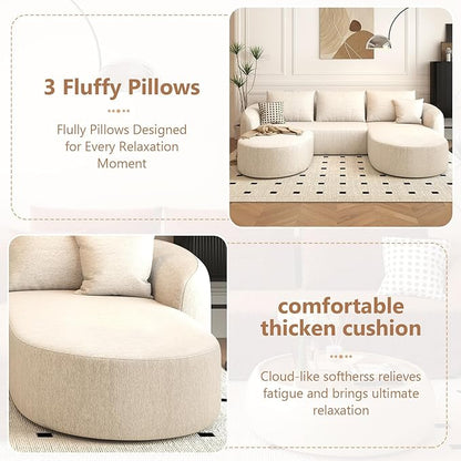 Settab 111" Modular Sectional Couches Luxury Modern Curved Back U-Shape Sofa Set with Ottoman,Minimalist Comfy Boneless Cloud Couch for Living Room Apartment,(Right Facing Chaise,White)