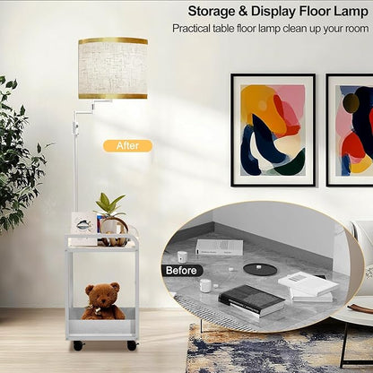 Lightdot 63IN Floor Lamps with Table&Basket, Modern Standing Tall Lamps with Adjustable Fabric Shade and Movable Casters, End Table Lamp for Living Room/Sofa Beside/Corner Decor-White(Bulb Included)