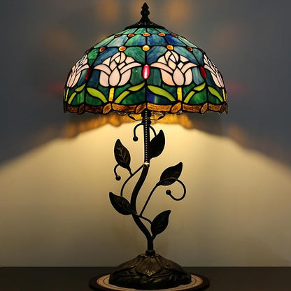 Tiffany Lamp Stained Glass Style Table Lamp Pink Tulips Style Bedside Desk Reading Light W12H19 Inch Metal Leaf Base with Metal Leaf Base
