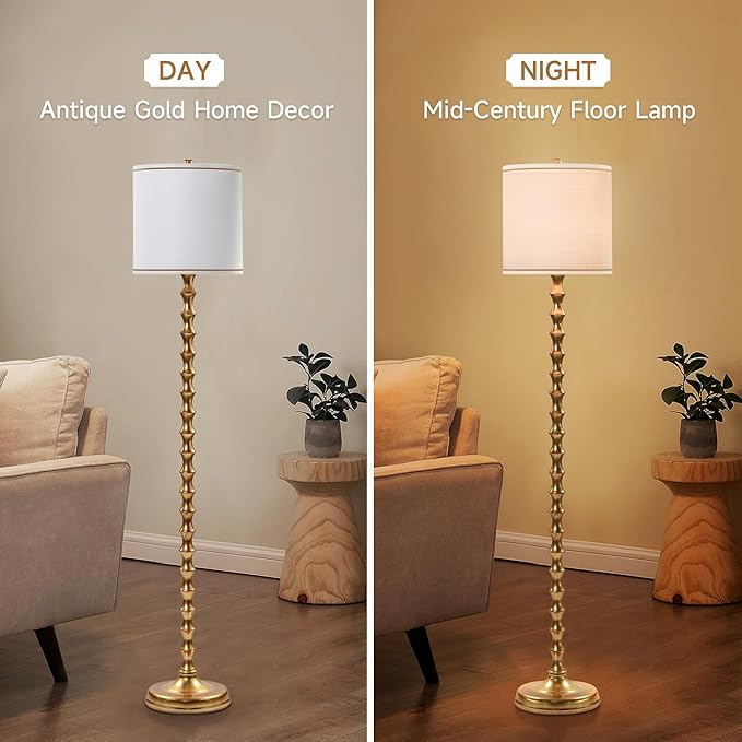 EUO 64.5" Vintage Gold Floor Lamp, Mid-Century Modern Tall Standing Lamp with White Linen Drum Shade, Glam Metal Floor Lamp for Living Room Bedroom Corner Home Office