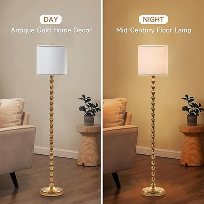 EUO 64.5" Vintage Gold Floor Lamp, Mid-Century Modern Tall Standing Lamp with White Linen Drum Shade, Glam Metal Floor Lamp for Living Room Bedroom Corner Home Office