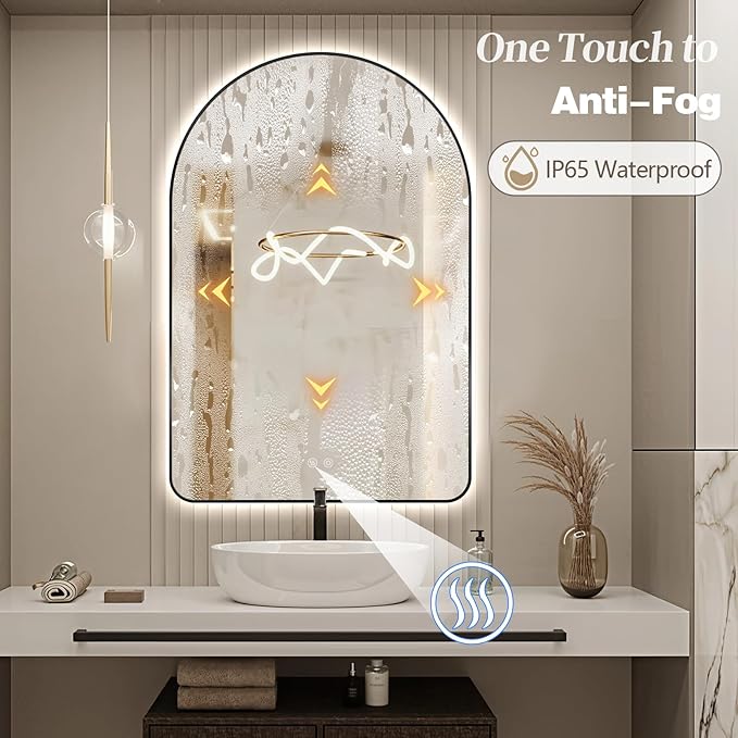 Niccy Arched LED Lighted Bathroom Mirror, 48x24 Inch Backlit Vanity Bathroom Mirror with Lights Brushed Black Framed Wall Mounted Mirrors with 3 Color Shatterproof Arch Smart Fog Free Mirror
