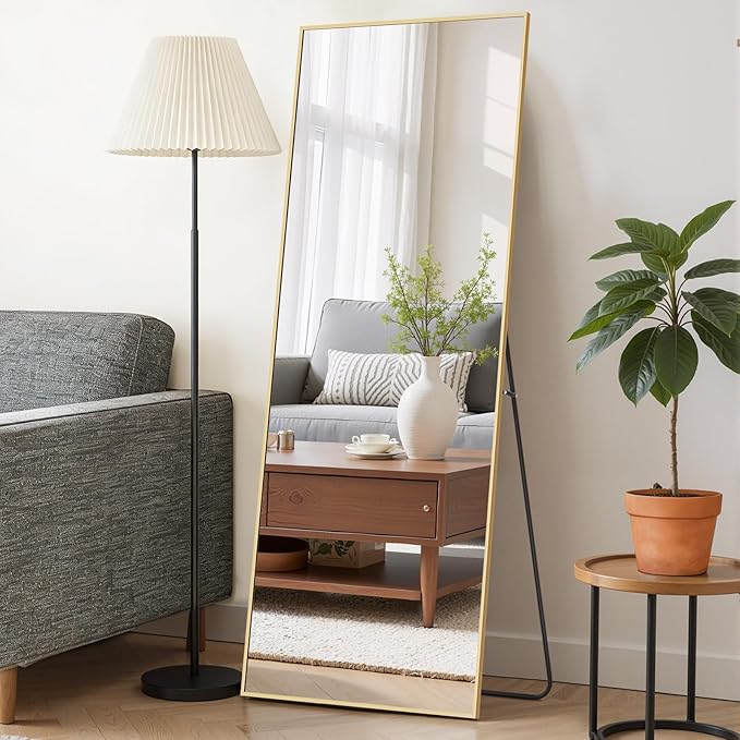 Mirror Full Length 56"x15" Full Body Floor Mirror with Stand, Shatterproof Glass, Aluminum Alloy Frame, Free Standing Wall Mounted or Leaning Rectangle Mirrors for Bedroom Living Room Entryway