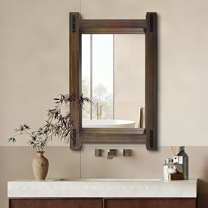 Rustic Wood Bathroom Mirror 36"x24" Farmhouse Wall Hanging Vanity Mirror Decorative Wall Mounted Mirrors for Bedroom Entryway Living Room