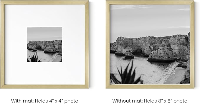 HAUS AND HUES 8x8 Gold Metal Picture Frames Matted to 4x4 - Premium Aluminum with Hanging Hardware, Shatterproof Plexiglass - Ideal for Home or Office (8x8 in, Gold, Set of 9)