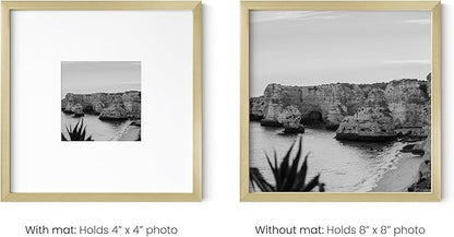 HAUS AND HUES 8x8 Gold Metal Picture Frames Matted to 4x4 - Features Premium Aluminum & Hanging Hardware, Shatterproof Plexiglass - Ideal for Home, Room, Office (8x8 in, Gold, Set of 4)