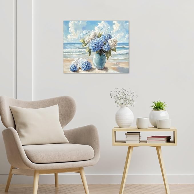 LB Blue Hydrangea Beach Wall Art Blue and White Floral Coastal Ocean Canvas Wall Art Modern Aesthetic Wall Decor for Bedroom Bathroom Living Room Framed Ready to Hang 8L x 10W
